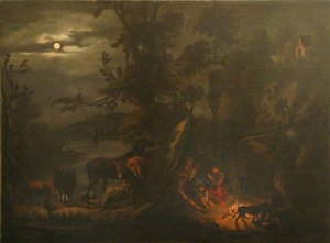 Night Scene With Figures Grouped Around A Fire — Dirck Van Den Bergen