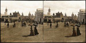 Kaiserpanorama: Visitors and pavilions at the World Exhibition Paris, 1889