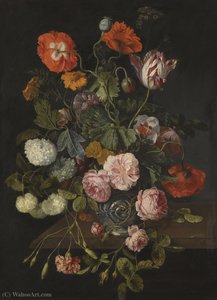 A still life with parrot tulips, poppies, roses, snow balls, and other flowers in a glass vase over a stone ledge