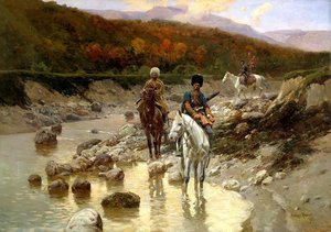 Cossacks In The Mountain River — Franz Alexeevich Roubaud