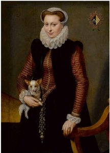 Portrait Of A Young Woman, Aged 17, Holding A Small Spaniel Wearing A Collar Of Bells — Frans Pourbus The Elder