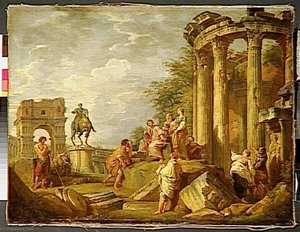 Ruines D'architecture Avec L'arc De Janus, Le Temple De Vesta Et La Statue Equestre De Marc Aurele — Giovanni Paolo Panini, Baroque