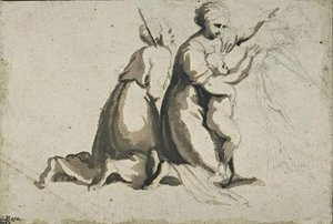 Old Kneeling, And Kneeling Woman Holding Her Child Against Her — Salvator Rosa
