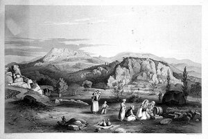 Xanthus, Lycia, women milling. Lithograph by George Scharf