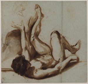 Nude Figure Of A Young Man Lying On His Back, With His Left Arm And Leg Raised — Guercino, Baroque
