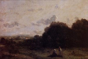 Fields With A Village On The Horizon, Two Figures In The Foreground — Jean-baptiste-camille Corot