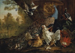 A Peacock, Chickens, Pigeons And Other Birds In A Landscape — Pieter Casteels Iii