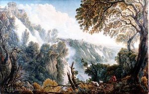 The falls of tivoli with a man seated below the temple of the sibyl