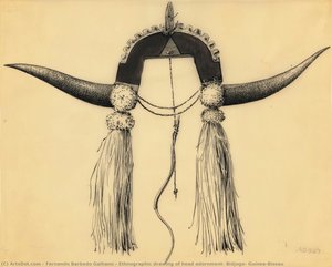 Ethnographic drawing of head adornment, Bidjogo, Guinea-Bissau