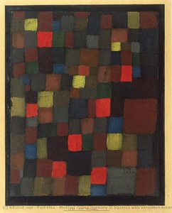 Abstract Colour Harmony In Squares With Vermillion Accents — Paul Klee, Geometric Abstraction