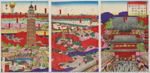 Tokyo Asakusa-temple And Tower Of Ryounkaku In The Park And Azumabashi Bridge In The Distance View — Nagashima Shungyo