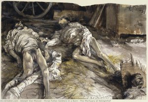 Three Fallen Soldiers In A Barn / The Mortuary At Königinhof — Adolph Von Menzel, German Realism