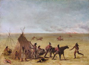Indian Family Alarmed At The Approach Of A Prairie Fire — George Catlin