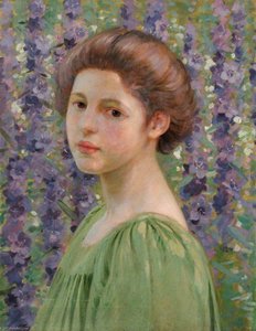 Portrait Of A Girl Amongst Purple Delphiniums — William Herbert Allen