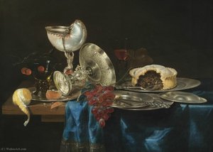 Still Life With Nautilus, Silver Tableware And Blackberry Pie (1646) — Gerrit Willemsz Heda