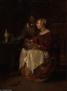 A Lady Sewing With A Gentleman In An Interior — Gabriel Metsu