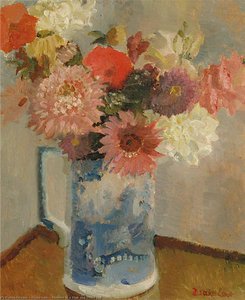 Flowers in a Blue and White Jug