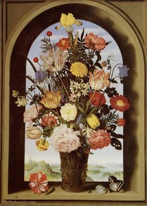Still life with flowers in a glass vase in the window recess (64 x 64) (The Hague)