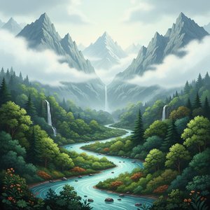Ethereal River Path Through Silent Mist and Ancient Verdant Peaks