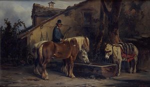 Deux chevaux et un âne à l'abreuvoir