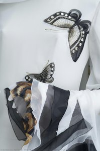 White silk dress dyed with tiger, butterflies and waves(detail)