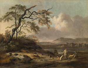 Dune Landscape With Hunters In The Foreground, A Lake And Mountains Beyond — Jan Jansz Wijnants