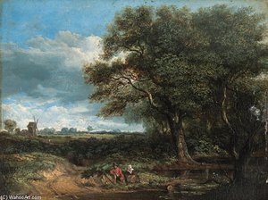 A Wooded Landscape With Countryfolk Resting By A Pond — James Stark