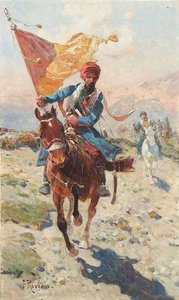 Fahnentragender Tscherkesse Zu Pferd Vor Gebirgslandschaft — Franz Alexeevich Roubaud