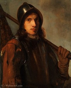 Young warrior in armor with helmet and spear