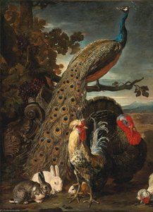 A peacock, turkey, rabbits, and cockerel in a landscape