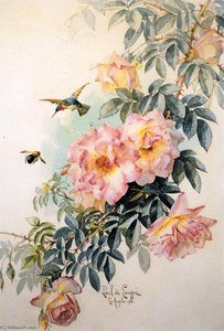 Roses With Hummingbird And Bumblebee — Raoul De Longpre