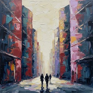 Monolithic Shadows In Crimson And Navy: A Singular Vision Of Urban Solitude — Christian Noiret, Contemporary Abstract Painting