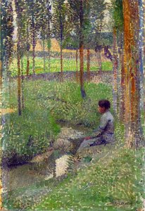 Femme Assis Dune Bord De La Ruisseau Aka Woman At Edge Of Forest — Henri Jean Guillaume Martin