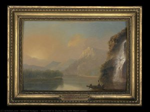 [Waterfall in Dusky Bay with Maori canoe]
