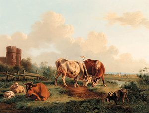 Cattle, Goat And Sheep By A Castle — Albertus Verhoesen