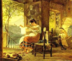 Italian Woman Heavy With A Child Examining A Shirt And Her Husband Making A Cradle — Karl Pavlovich Brulloff