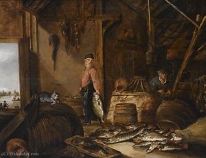 A Fisherman In His Barn With Fresh-water Fish, A Woman In The Background — Pieter De Putter