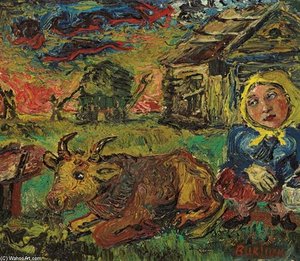Woman With Yellow Scarf And Cow — David Davidovich Burliuk