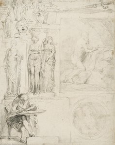 Page of sketches, foreground a draftsman seated, his portfolio on his knees.