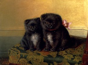 Two Chow Pups Seated On A Chair In An Interior — Horatio Henry Couldery