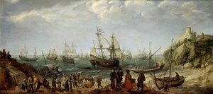 Warships Off The Coast With A Fishmarket On The Beach — Adam Willaerts
