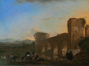 The Tiber River With The Ponte Molle At Sunset — Jan Asselijn, Baroque