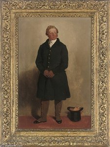 Portrait Of A Gentleman, Full-length, In A Blue Coat And White Shirt, A Top Hat And Scarf Beside Him — Samuel De Wilde