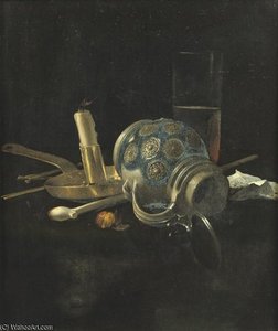 A Stoneware Jug, A Glass Of Beer, A Candlestick And A Pipe On A Draped Table