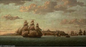 Captain Lord Cochrane's Frigate Pallas Leaving The Tagus Under Full Sail, The City Of Lisbon Beyond And The Belem Tower Receding Astern — Thomas Buttersworth, Neoclassical