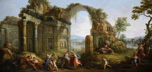 Capriccio Of Figures Dancing Amongst Classical Ruins, With A Ruined Arch — Antonio Zucchi