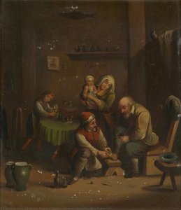 Ein Chirurg Behandelt Einen Alten Mannes Fuß; Im Hintergrund Mischt Ein Assistent Eine Tinktur Mit Einem Pestel Und Mortar Inmitten Eines Geschäftigen Werkstatt. — David Teniers Der Jüngere