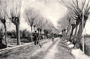 Road With Pollard Willows And Man With Broom — Vincent Willem Van Gogh, Contemporary Realism