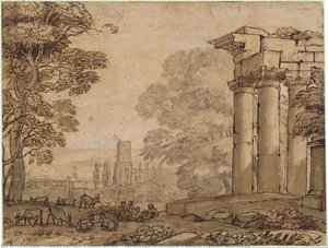 Landscape With Ruins, Pastoral Figures, And Trees — Claude Lorrain (claude Gellée), Baroque