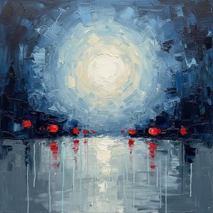 Celestial Radiance Over Midnight Silhouettes: A Monolithic Study In Crimson And Light — Christian Noiret, Contemporary Abstract